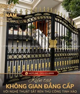 Cửa Cổng Sắt Mỹ Thuật Kết Hợp Trụ Đá Cho Villa