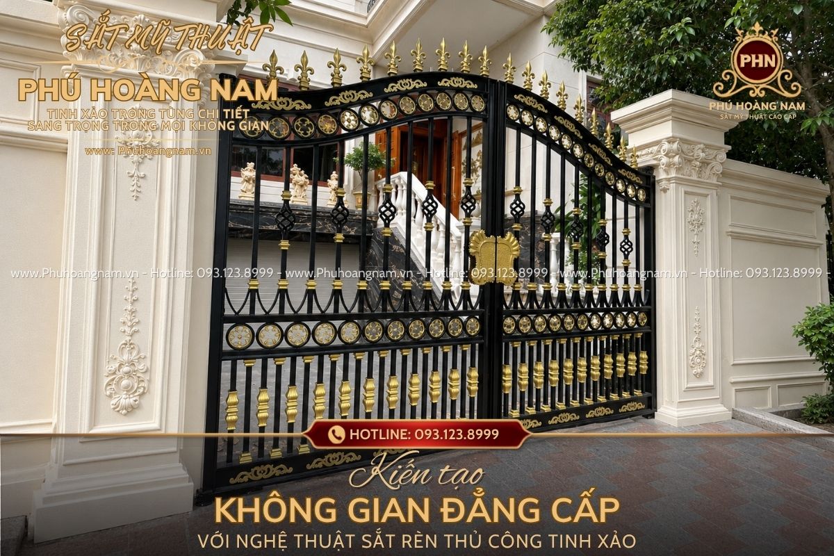 Cửa cổng sắt mỹ thuật kết hợp trụ đá tự nhiên